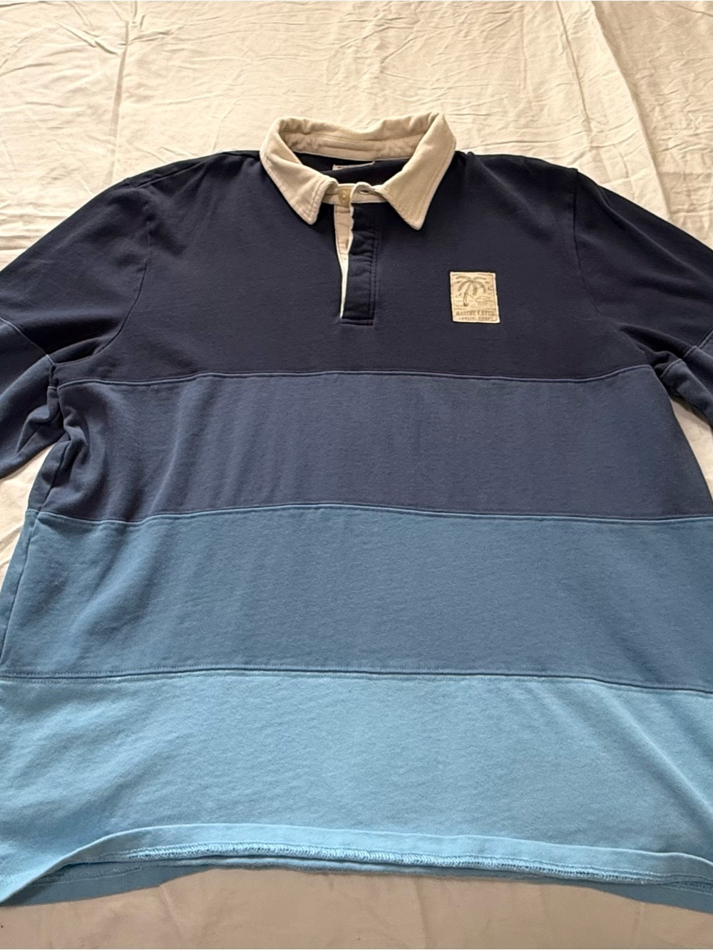 Marine layer Men's Striped Rugby Shirt - Navy & Light Blue with Cream Collar NWT